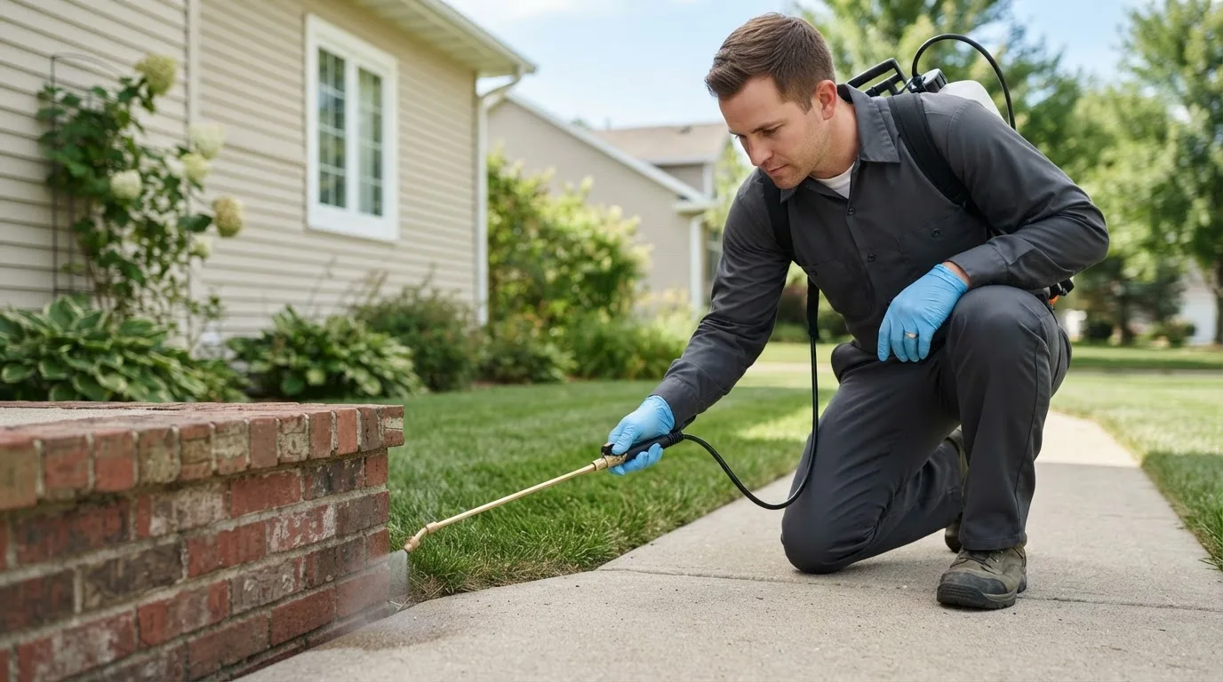 Pest control technician treating a home near Healy, KS